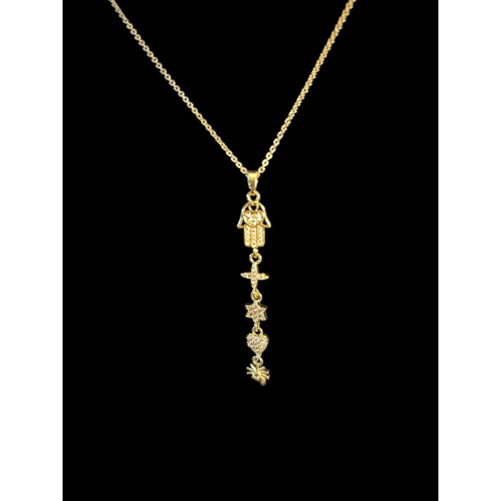 NWOT Gold Tone Faith Charm Necklace Hamsa Cross Star Heart Pave CZ 18" - Picture 2 of 6